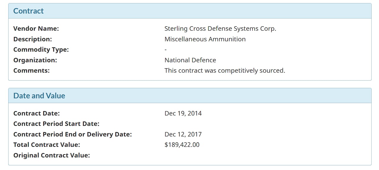 A contract shows that the Department of National Defence awarded Sterling Cross $189,422 to deliver ammunition between 2014 and 2017. 