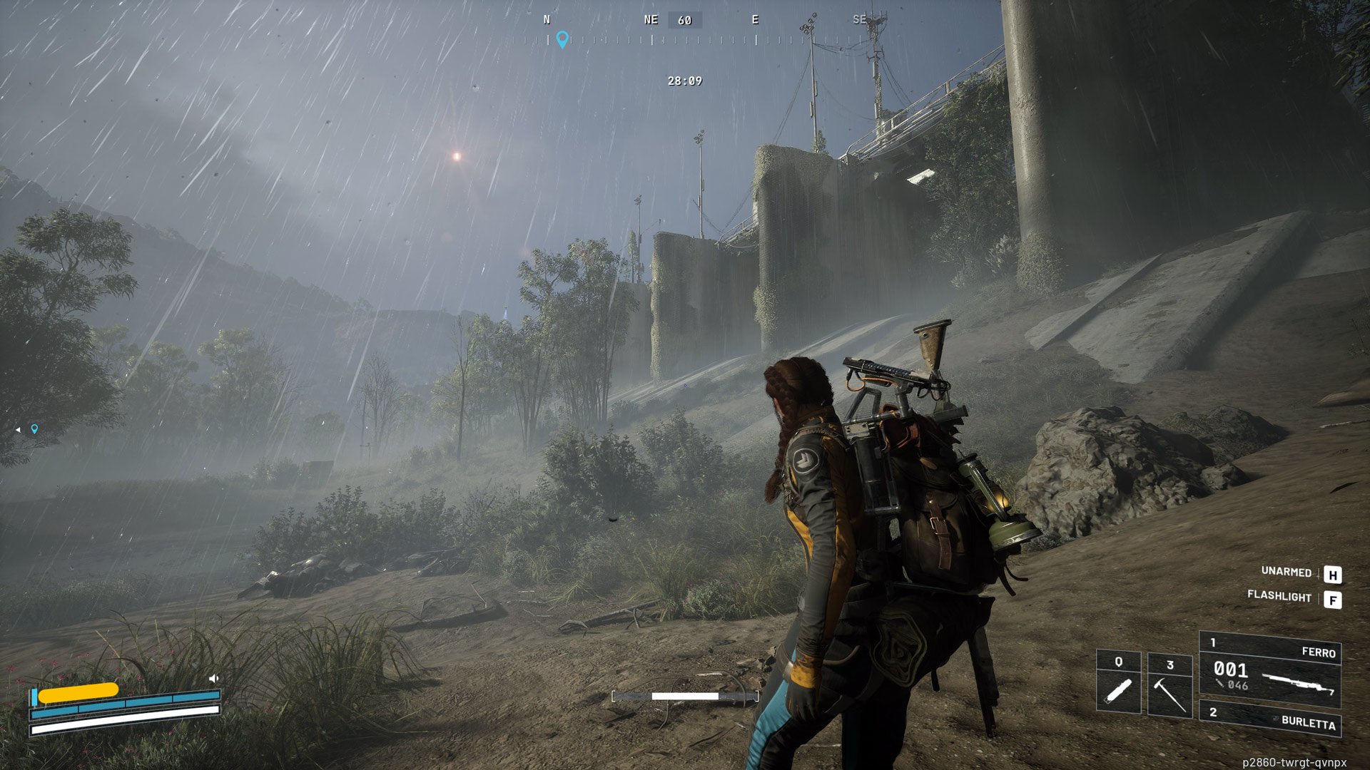 A player character walks by an abandoned dam. 