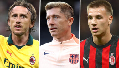 Robert Lewandowski of FC Barcelona, Francesco Camarda and Luka Modric of AC Milan