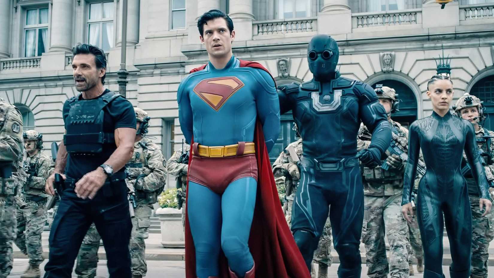 Superman being arrested by Rick Flag Sr. and Planetwatch