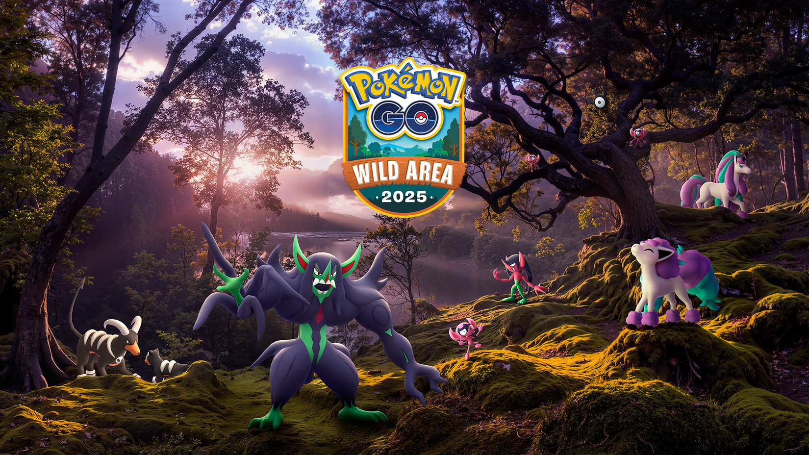 The Go Wild Area 2025 key art, with Grimmsnarl, and other fairy- and dark-type Pokémon in the woods.