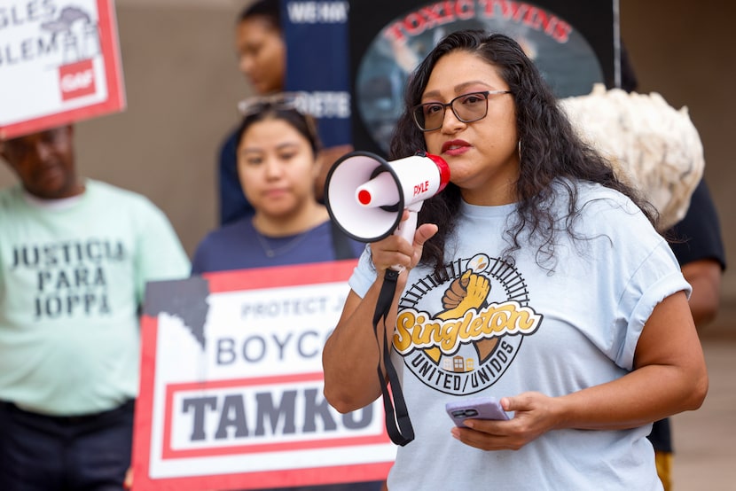 Janie Cisneros, leader of Singleton United, speaks during a news conference to announce...