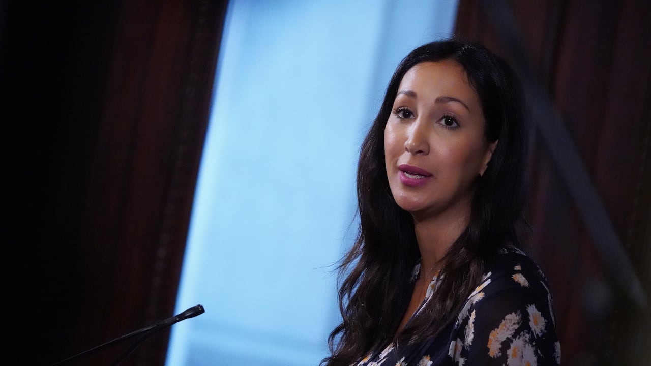 A person is standing and speaking. 