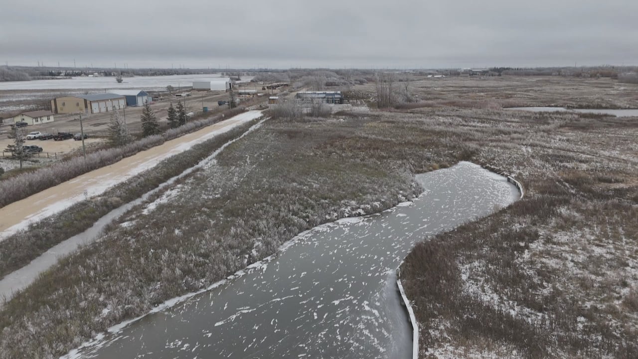 An aerial view of part of the Meadows land in East St. Paul, with the Peguis daycare in the background.