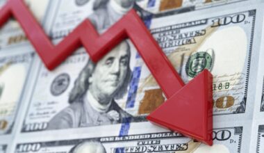 A few one hundred dollar bills with a red arrow on top of it going downward, symbolizing the US economy crashing.