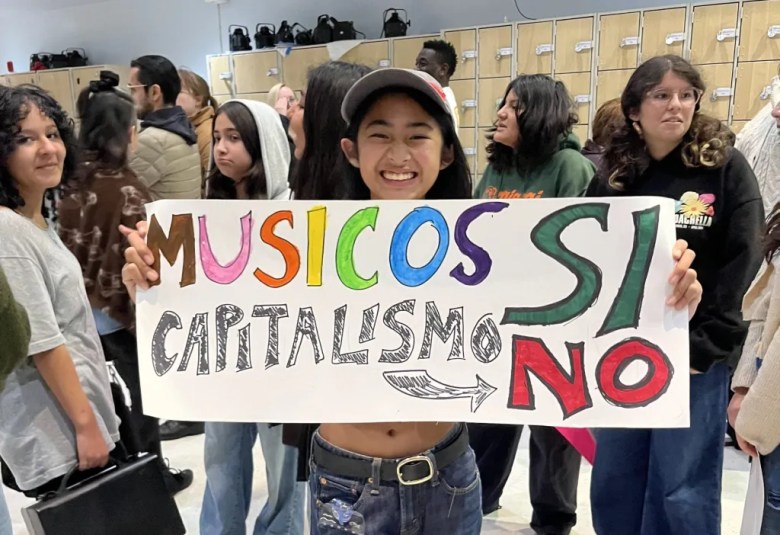 Students and parents share their concerns about cuts to YOLA programming at a meeting Wednesday at Esteban E. Torres High School. (Courtesy of YOLA Torres community.)