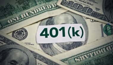 401(k) in bold green text, centered on a white backdrop with neatly stacked hundred-dollar bills underneath.