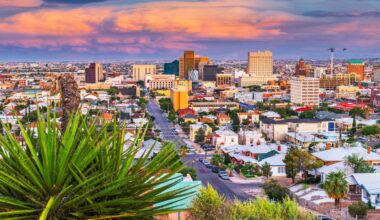 El Paso, Texas, USA  downtown city skyline at dusk with Juarez, Mexico in the distance.