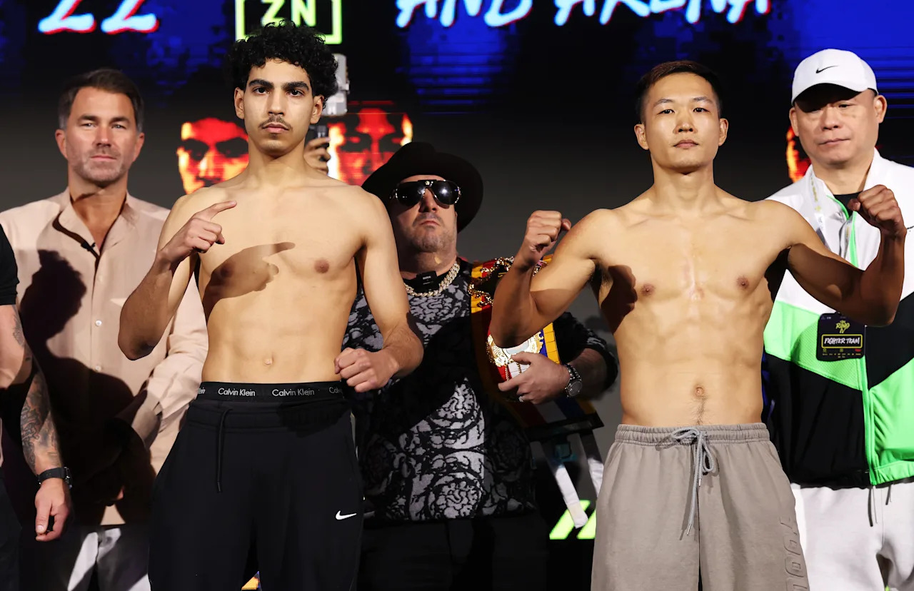 RIYADH, SAUDI ARABIA - NOVEMBER 21: Mohammed Alakel and Jiaming Li face off ahead of their Super Featherweight fight as part of the Ring IV: Night of the Champions Fight Night at Boulevard Riyadh City Square 2 on November 21, 2025 in Riyadh, Saudi Arabia. (Photo by Richard Pelham/Getty Images)