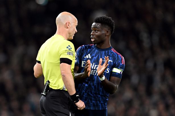 Anthony Taylor and Bukayo Saka during Fulham vs Arsenal