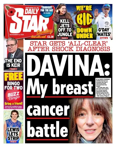 The headline on the front page of the Star reads: “Davina: My breast cancer battle”.