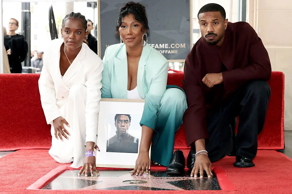Matt Winkelmeyer/Getty Letitia Wright, Taylor Simone Ledward Boseman, and Michael B. Jordan