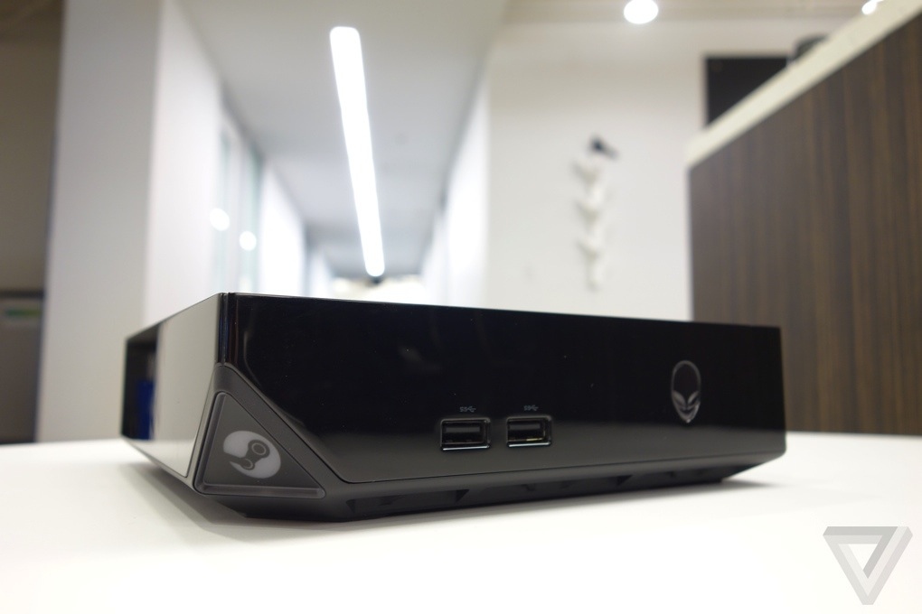 The Alienware Alpha, a squat angular black puck of a box with both Steam and Alienware logos.