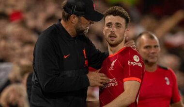 LIVERPOOL, ENGLAND - Wednesday, September 15, 2021: Liverpool's Diogo Jota (R) and manager Jürgen Klopp during the UEFA Champions League Group B Matchday 1 game between Liverpool FC and AC Milan at Anfield. Liverpool won 3-2. (Pic by Paul Currie/Propaganda)