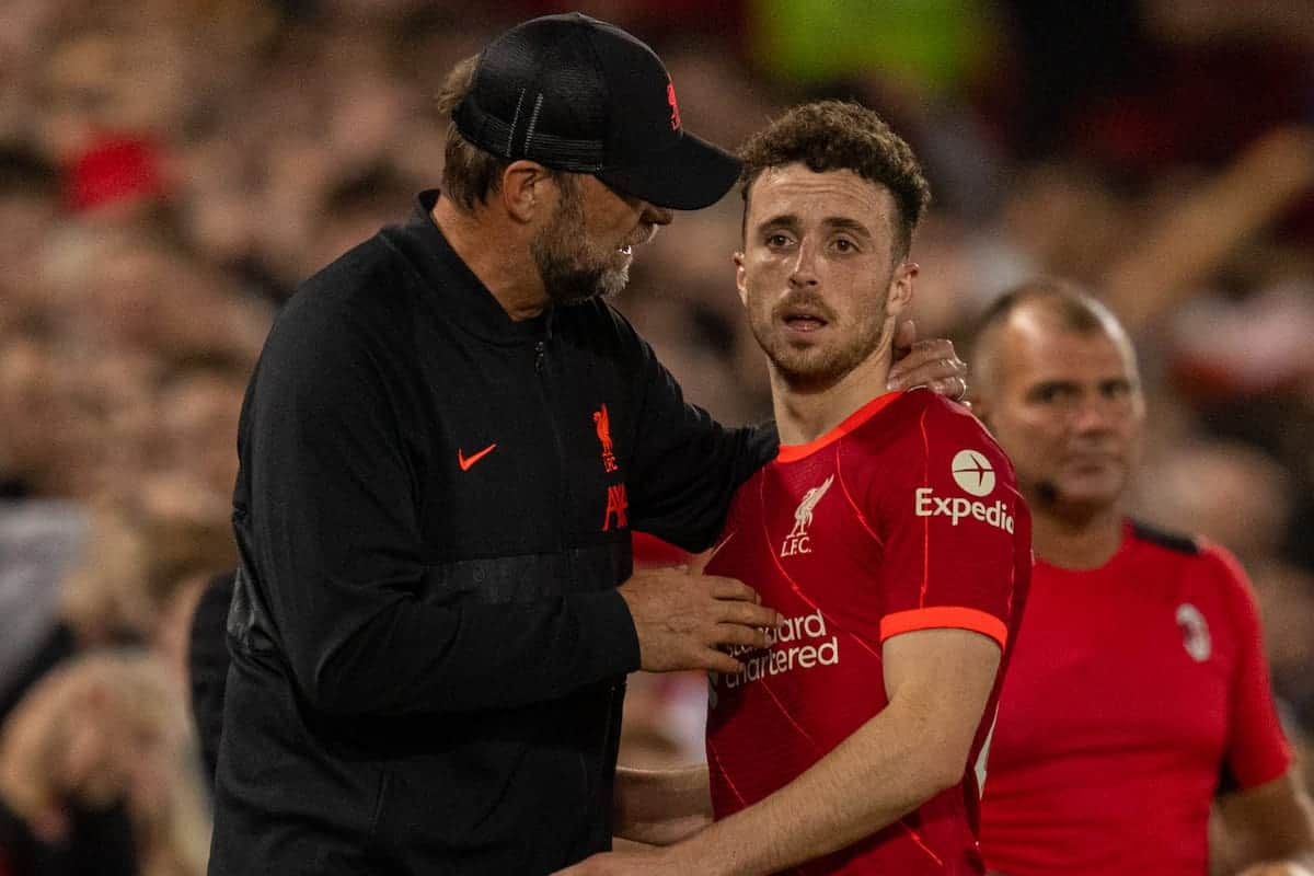 LIVERPOOL, ENGLAND - Wednesday, September 15, 2021: Liverpool's Diogo Jota (R) and manager Jürgen Klopp during the UEFA Champions League Group B Matchday 1 game between Liverpool FC and AC Milan at Anfield. Liverpool won 3-2. (Pic by Paul Currie/Propaganda)