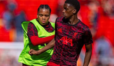 LIVERPOOL, ENGLAND - Monday, August 4, 2025: Liverpool's Rio Ngumoha (L) and Trey Nyoni during the pre-match warm-up before a pre-season friendly match between Liverpool FC and Athletic Bilbao at Anfield. Liverpool won 4-1. (Photo by David Rawcliffe/Propaganda)