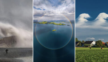 Three photos: a person stands near a massive crashing wave; an aerial view of an island surrounded by a circular rainbow; and rare wave-shaped clouds above houses in a grassy field under a blue sky.