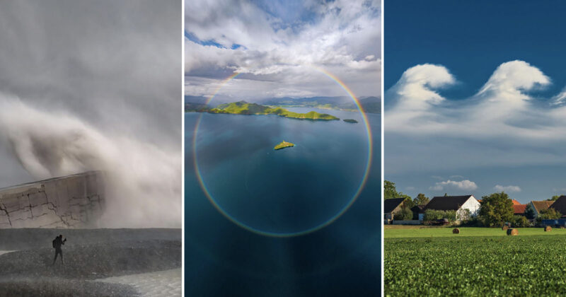 Three photos: a person stands near a massive crashing wave; an aerial view of an island surrounded by a circular rainbow; and rare wave-shaped clouds above houses in a grassy field under a blue sky.