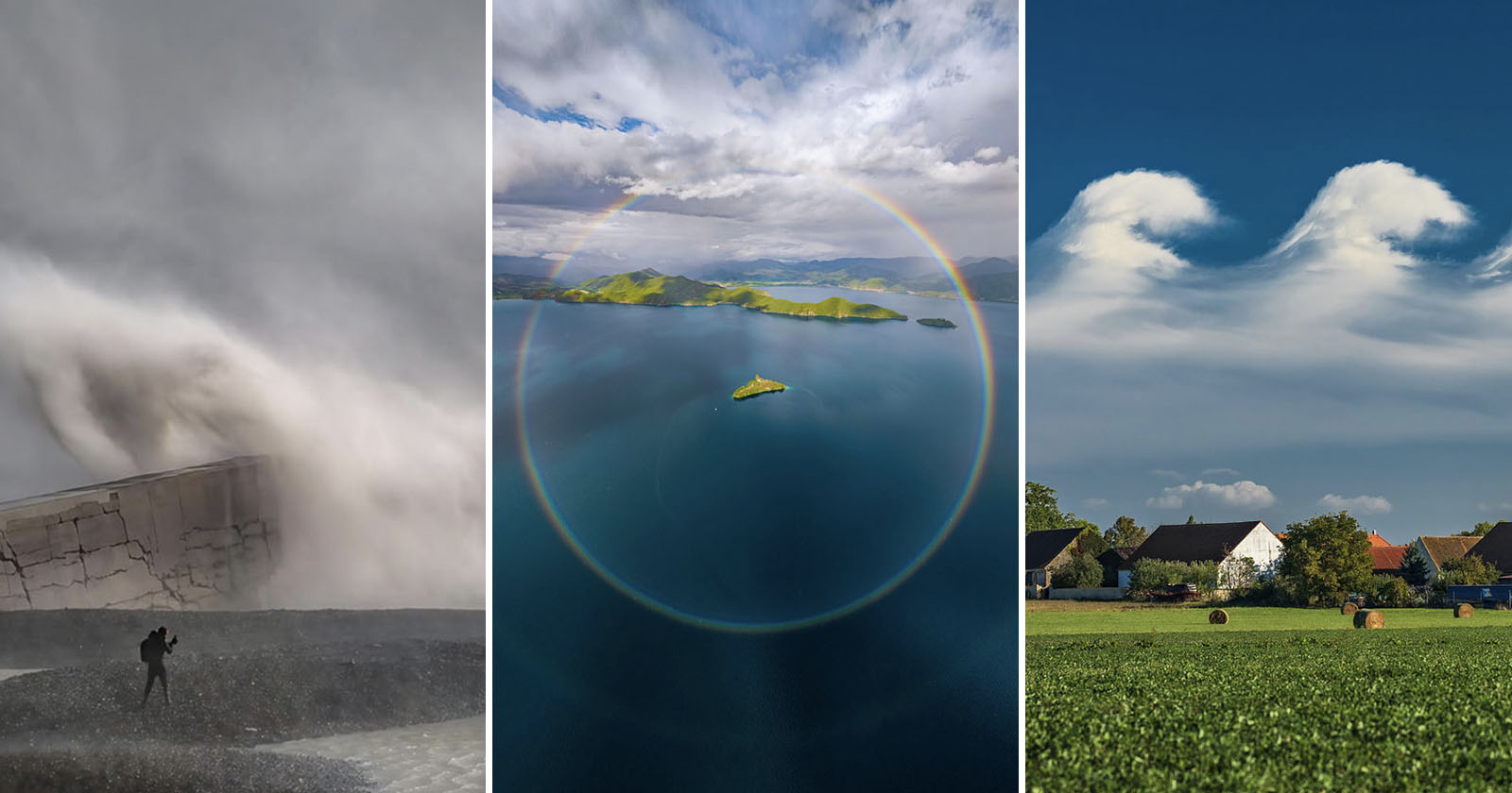Three photos: a person stands near a massive crashing wave; an aerial view of an island surrounded by a circular rainbow; and rare wave-shaped clouds above houses in a grassy field under a blue sky.