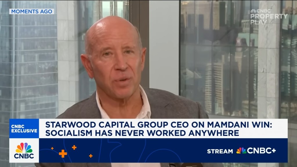 Barry Sternlicht, Chairman and CEO of Starwood Capital Group, being interviewed by CNBC, with text "STARWOOD CAPITAL GROUP CEO ON MAMDANI WIN: SOCIALISM HAS NEVER WORKED ANYWHERE" on screen.