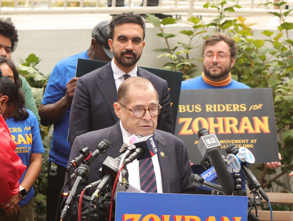 Jerry Nadler speaks at a press conference with Zohran Mamdani and Brad Lander standing behind him.