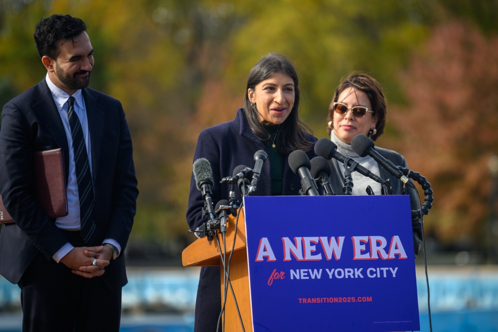 Transition Co-chair Lina Khan speaks during a press conference at the Unisphere in Flushing Meadows Corona Park on November 05, 2025 in the Queens borough of New York City. 