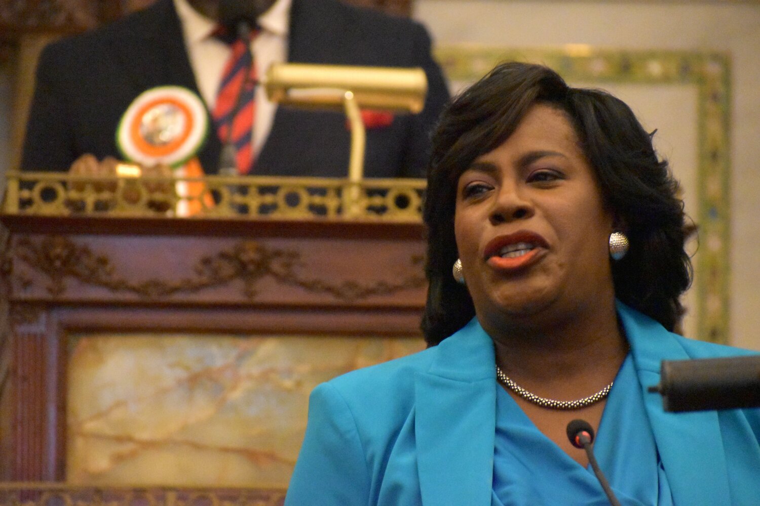 Mayor Cherelle Parker delivers her budget address Thursday, March 13, at City Hall.