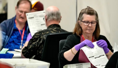 Elections officials process mail-in ballots prior to first day of tabulation in Maricopa County, Wednesday, Oct. 23, 2024, at the Maricopa County Recorder