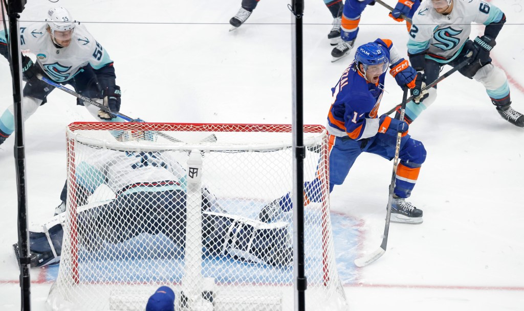 Mathew Barzal #13 of the New York Islanders takes a shot on goal during the first period when the Seattle Kraken