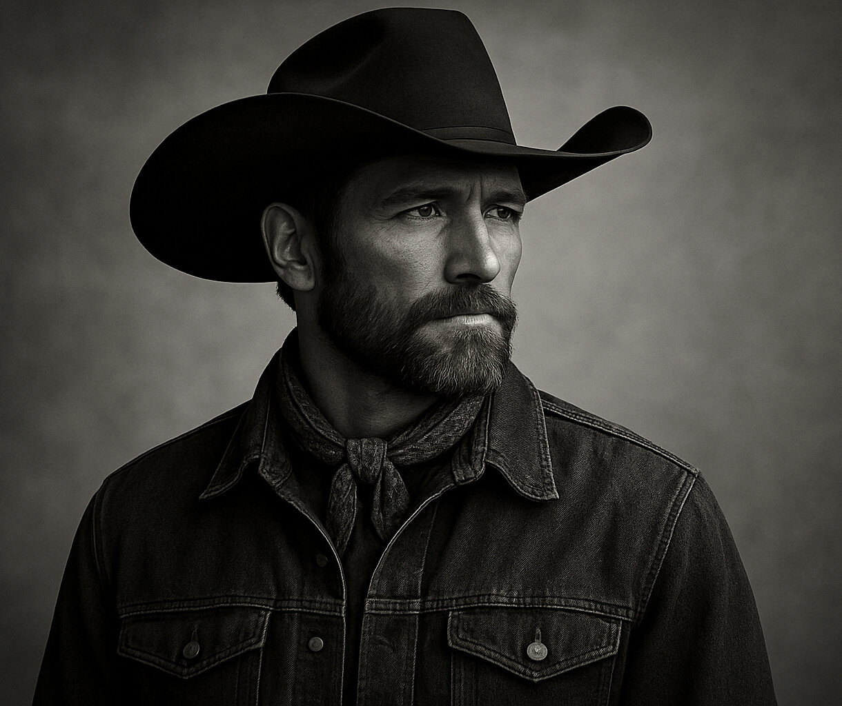 An AI-generated monochrome image of a cowboy used to depict AI-generated country music artist project Breaking Rust.