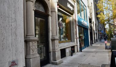 Storefronts dot Walnut Street in Center City on Monday, Nov. 24, 2025.