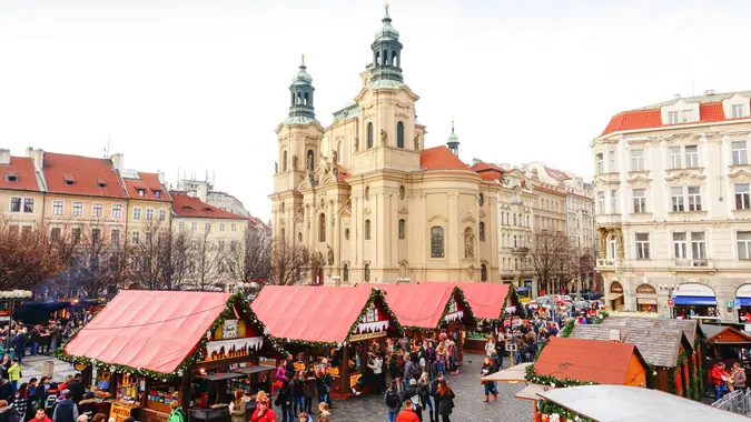 PRAGUE, CZECH REPUBLIC - DECEMBER 19,2015: Atmosphere of beautiful Christmas market at Old Town Square (Staromestske namesti).