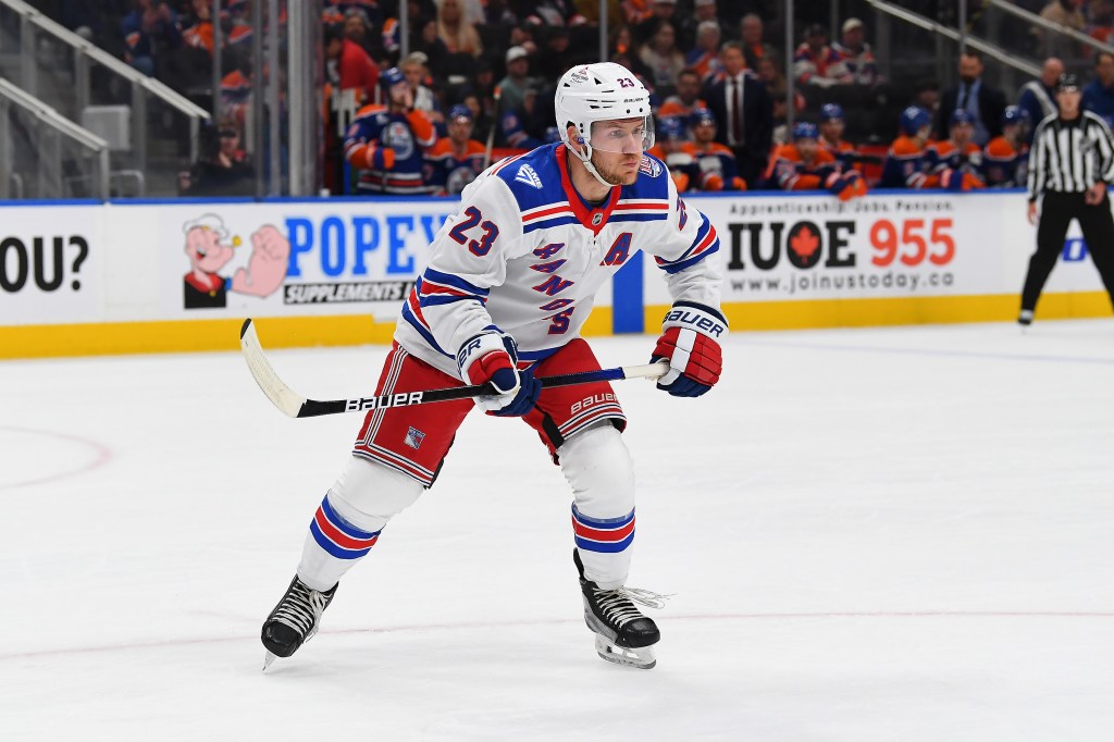Adam Fox #23 of the New York Rangers skates during the second period of the game against the Edmonton Oilers at Rogers Place on October 30, 2025, in Edmonton, Alberta, Canada.
