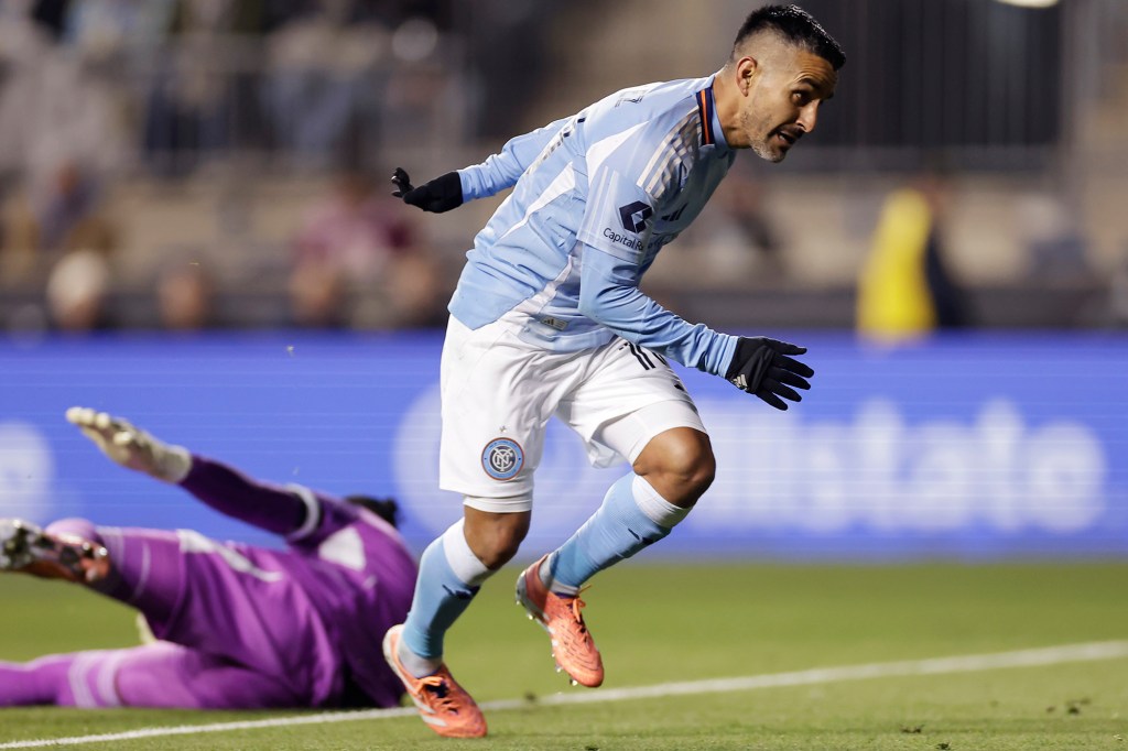 Maxi Moralez of New York City FC reacts after scoring the team's lone goal of its Eastern Conference semifinal victory against the Philadelphia Union on Sunday, Nov. 23, 2025, in Chester, Pa. 