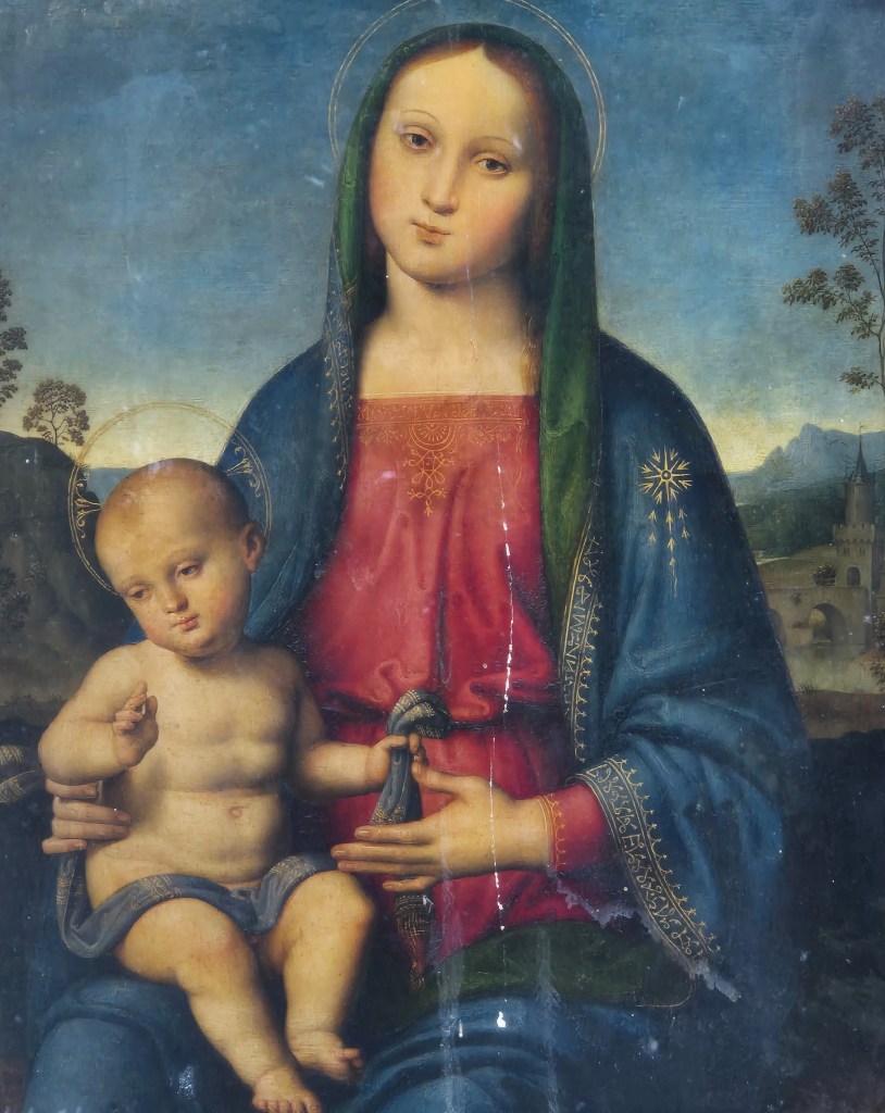 Painting of the Madonna and Child, Mary in blue and red robes with a green scarf and Christ Child sitting on her lap with a blue sash around his waist.