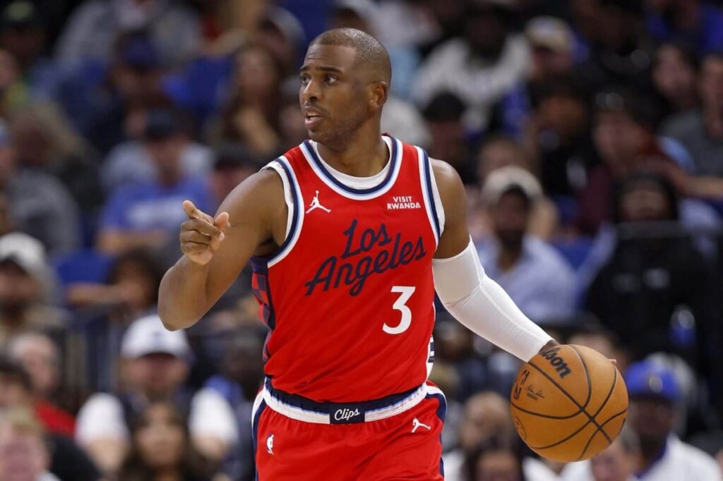 Chris Paul of the LA Clippers brings the ball up the floor in the second half during a game against the Orlando Magic at Kia Center on Nov. 20, 2025.