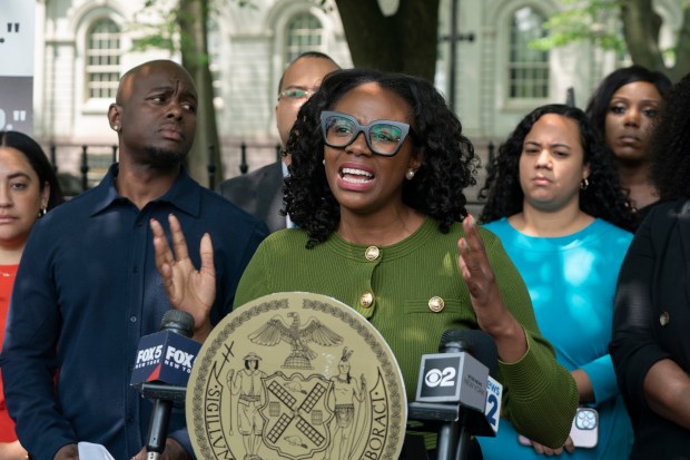 New York City Council Member Nantasha Williams speaks during a press conference calling for the arrest of Jordan Neely's killer on Thursday, May 11, 2023, in Manhattan, New York. (Barry Williams for New York Daily News)