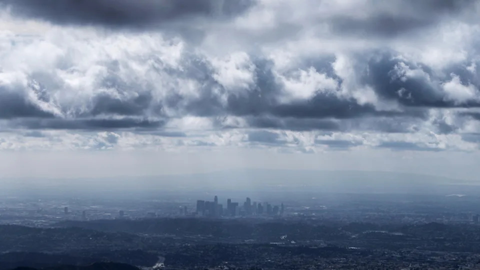 Dramatic storm clouds moving into Los Angeles, California. Photo taken from Mt Lukins in the Angeles National Forest. (Getty Images)