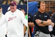 Texas A&M head coach Mike Elko (left), SMU head coach Rhett Lashlee (right).