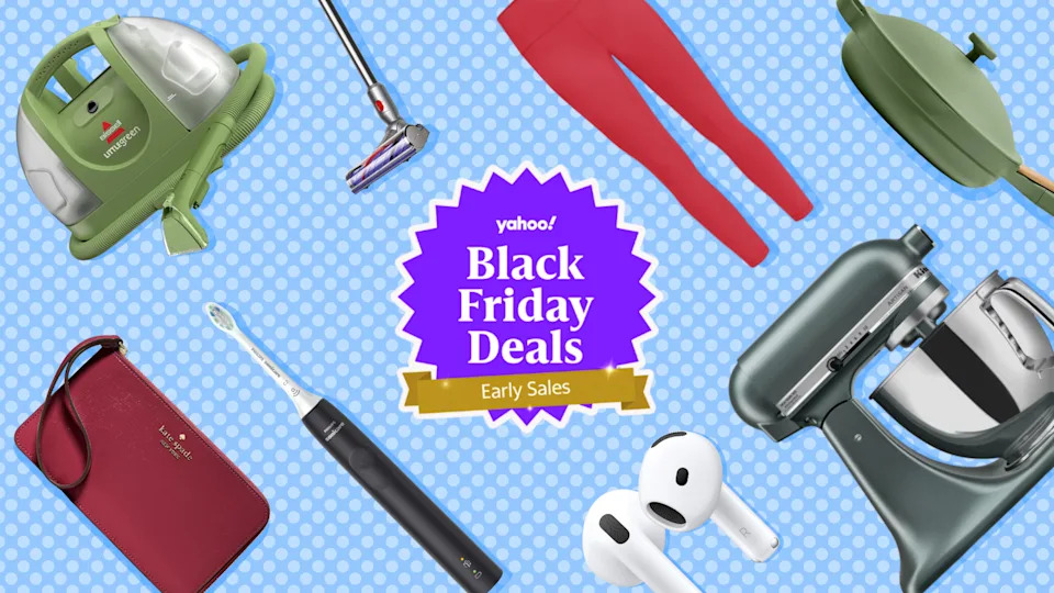 Assorted products against a blue background, with a badge that says: Yahoo! Black Friday Deals Early Sales