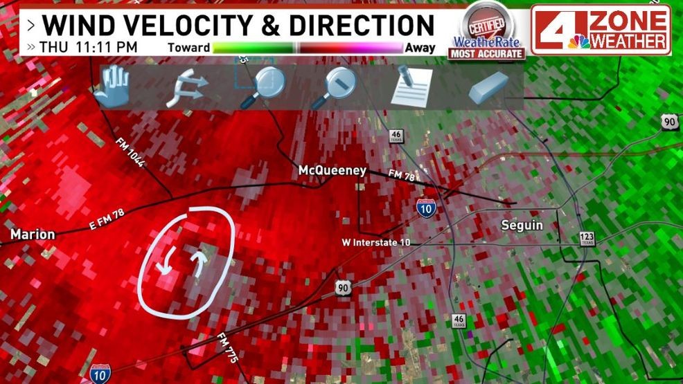 Radar velocity data around 11:11pm as storm started to rotate southwest of McQueeney