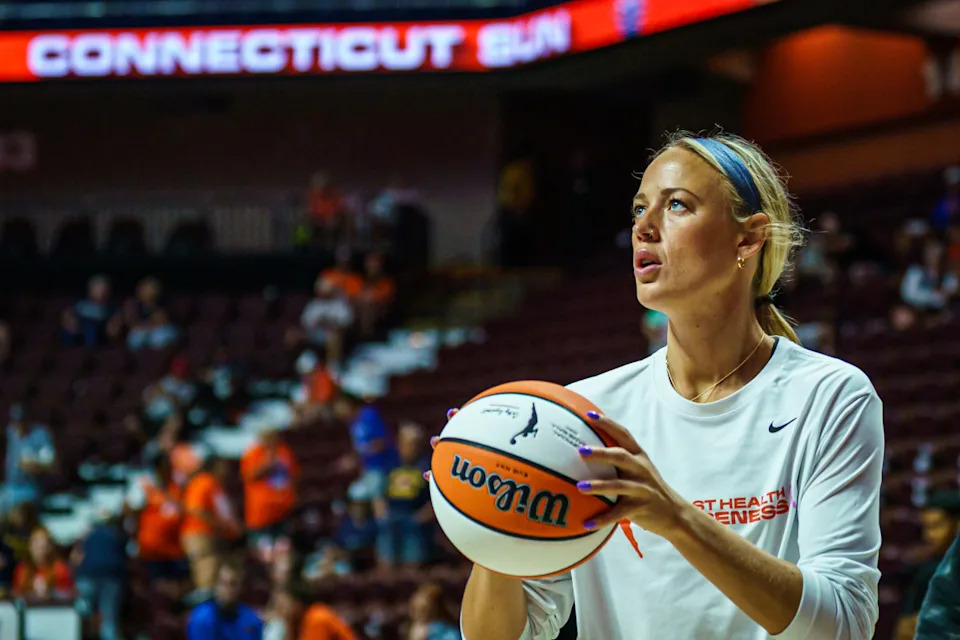 Indiana Fever guard Sophie Cunningham (8) warms up before the start of the game against the Connecticut Sun.David Butler II-Imagn Images