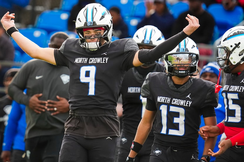 North Crowley quarterback Hayes Cloutier (9) celebrates as time expires on a 46-21 victory...
