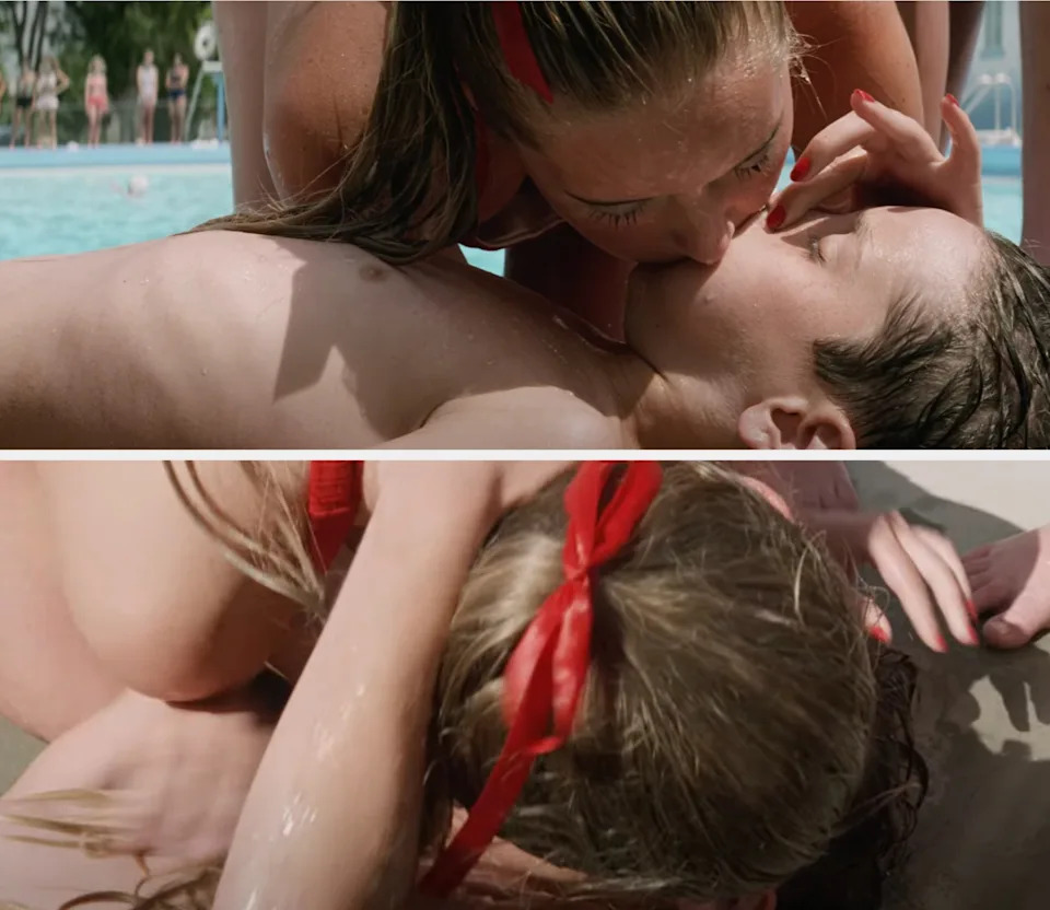 Two people at a poolside, one performing mouth-to-mouth resuscitation on the other, surrounded by onlookers in the background