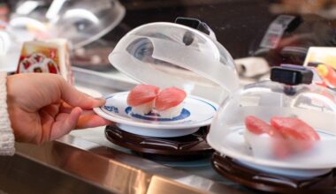 Dishes at Kura Revolving Sushi Bar are served on a revolving conveyor belt.