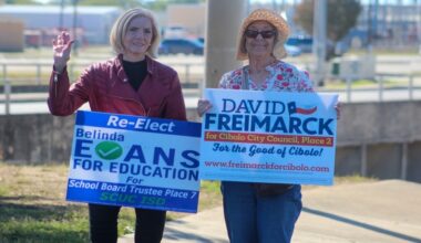 Two women hold up campaign signs on Election Day in the San Antonio, Texas area.