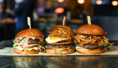 Three different types of hamburgers placed side-by-side on a tray.
