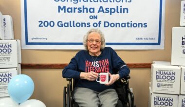 Donor Marsha Asplin celebrates a milestone of 1,600 units, or 200 gallons of blood, donated over the 42 years she has volunteered with Gulf Coast Regional Blood Center. (Courtesy Gulf Coast Regional Blood Center)