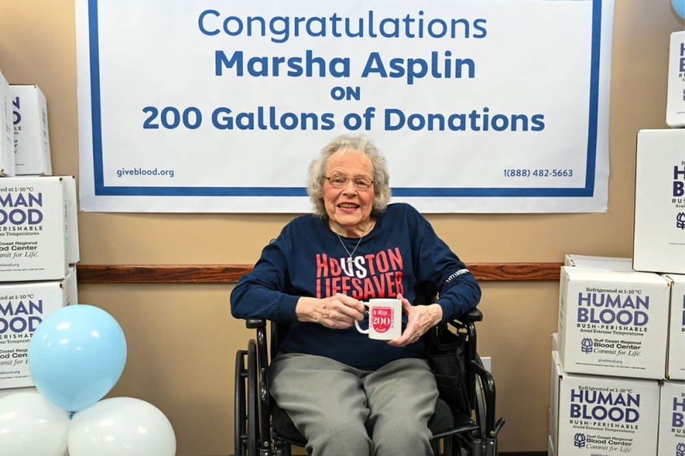 Donor Marsha Asplin celebrates a milestone of 1,600 units, or 200 gallons of blood, donated over the 42 years she has volunteered with Gulf Coast Regional Blood Center. (Courtesy Gulf Coast Regional Blood Center)