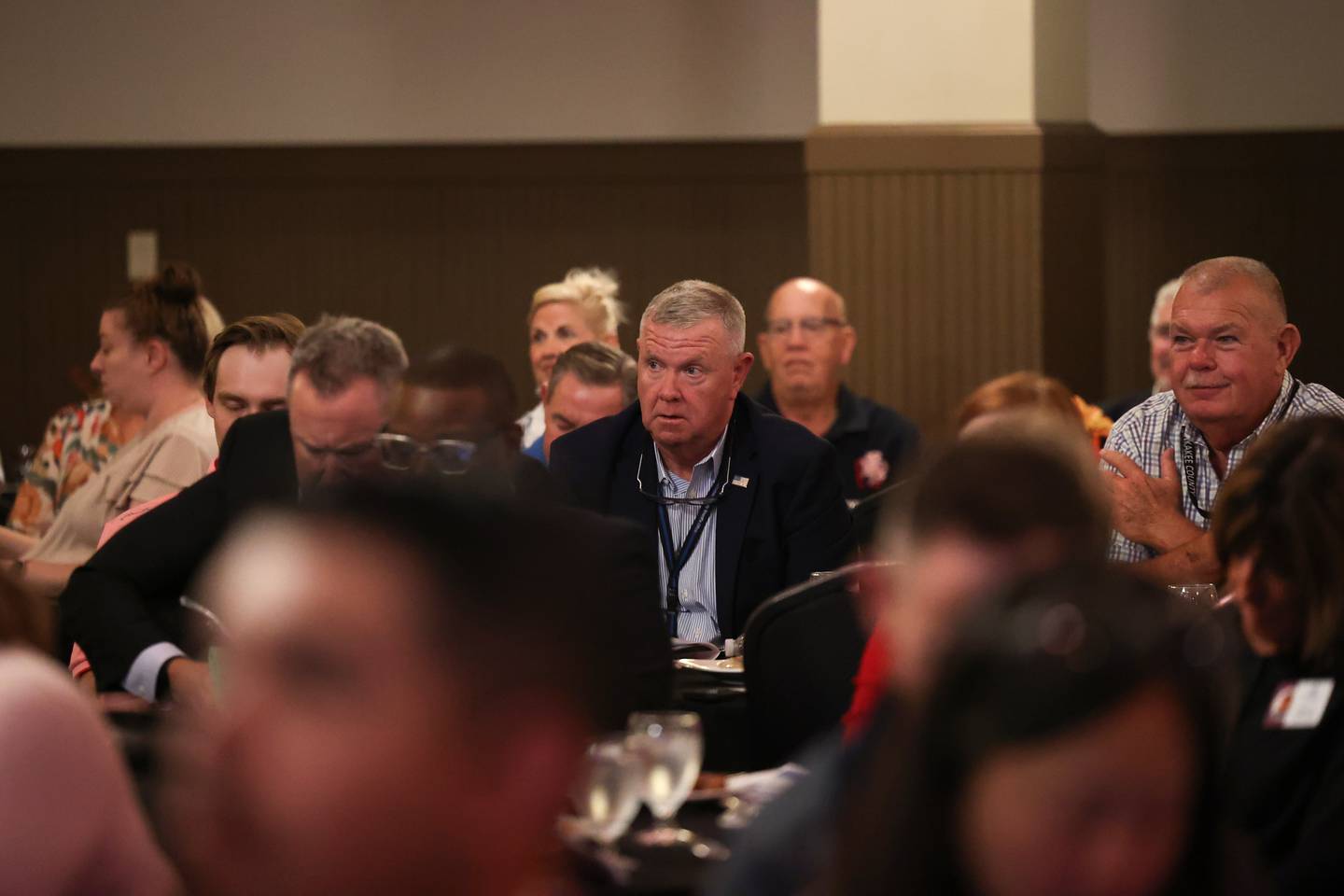 Kankakee County Sheriff Mike Downey listens to speakers during the Kankakee County Chamber of Commerce's inaugural State of the Municipality event held at the Knights of Columbus in Kankakee Oct. 2, 2025.